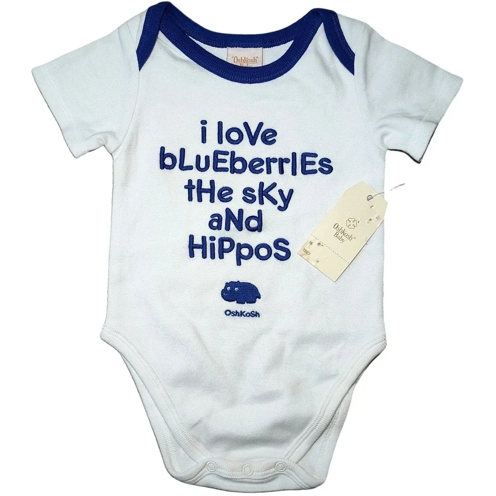 Vtg Oshkosh Baby 0 3 Mos Bodysuit I Love Blueberries The Sky And Hippos Blue 1pc